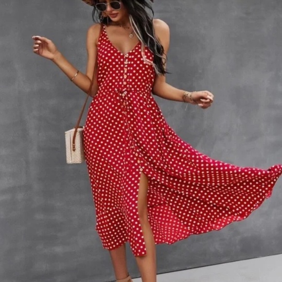 Boho polka dots  button up v neck tie polka dot dress - Picture 6 of 15